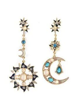 NEW Celestial Majesty Pastel Jeweled Moon & Sun Gold Drop Earrings